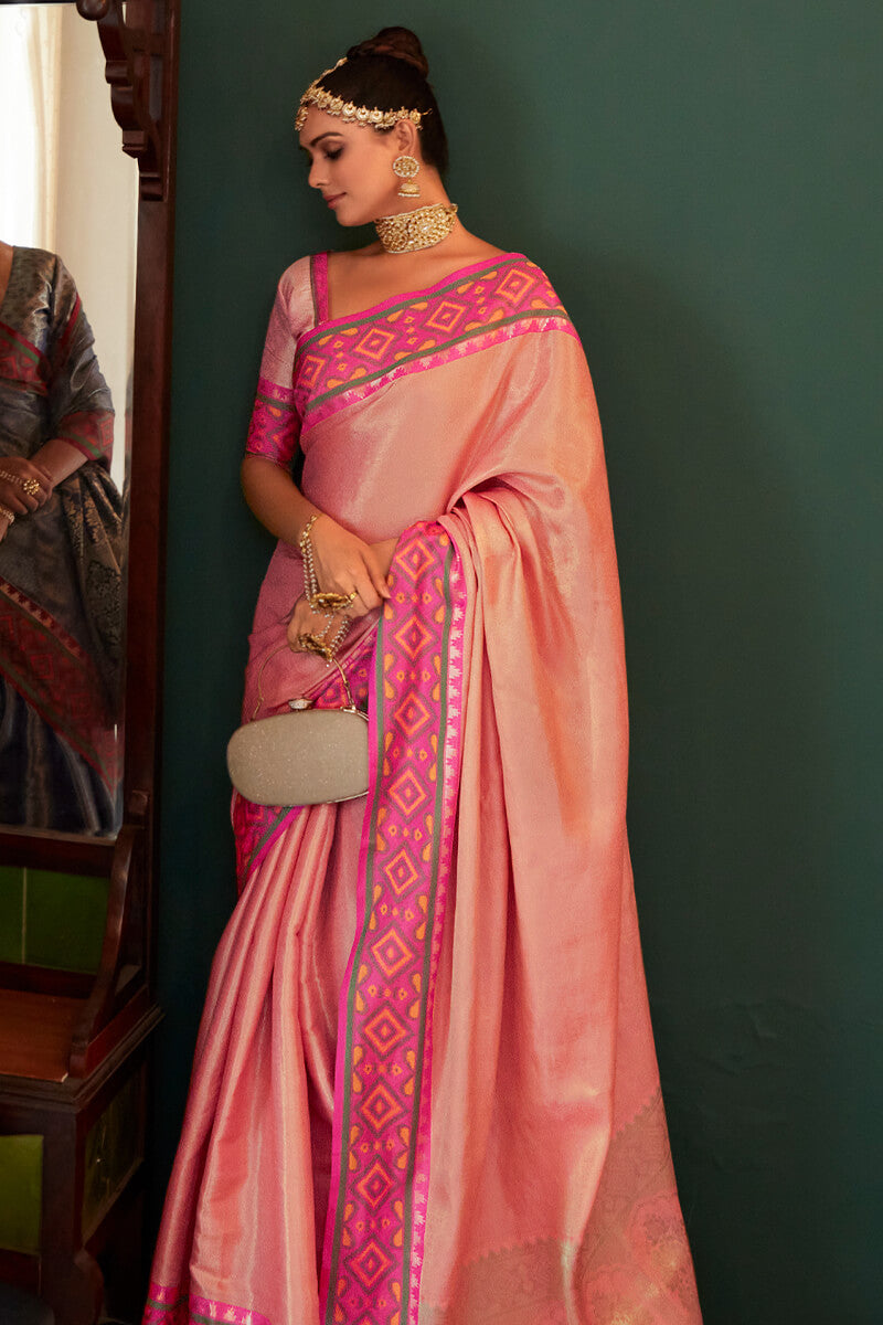 Lovely Light Pink Kanjivaram Silk Saree With Precious Blouse Piece