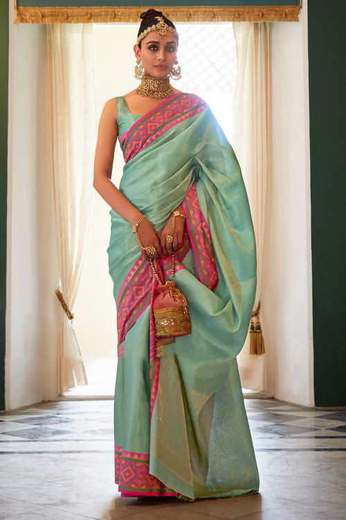 Load image into Gallery viewer, Demanding Sky Kanjivaram Silk Saree With Appealing Blouse Piece
