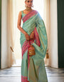 Demanding Sky Kanjivaram Silk Saree With Appealing Blouse Piece