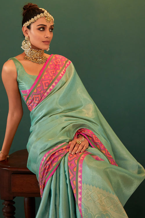 Load image into Gallery viewer, Demanding Sky Kanjivaram Silk Saree With Appealing Blouse Piece
