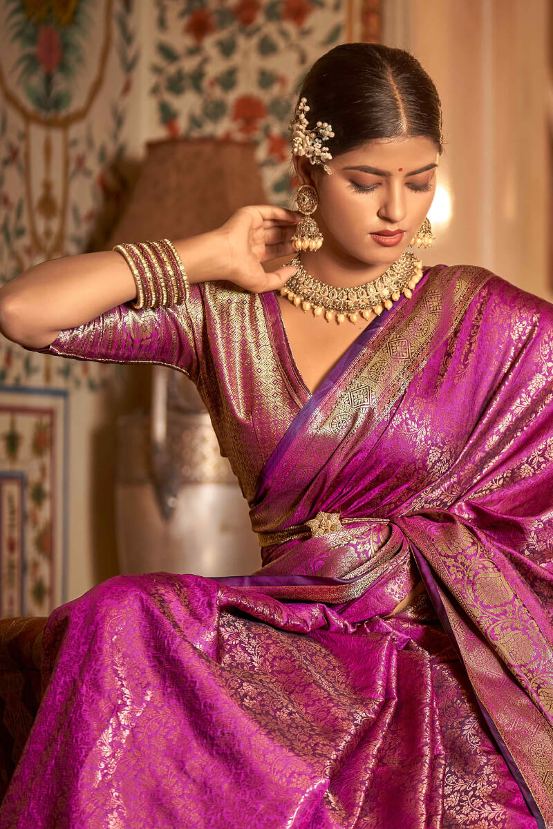 Innovative Purple Kanjivaram Silk Saree With Flattering Blouse Piece