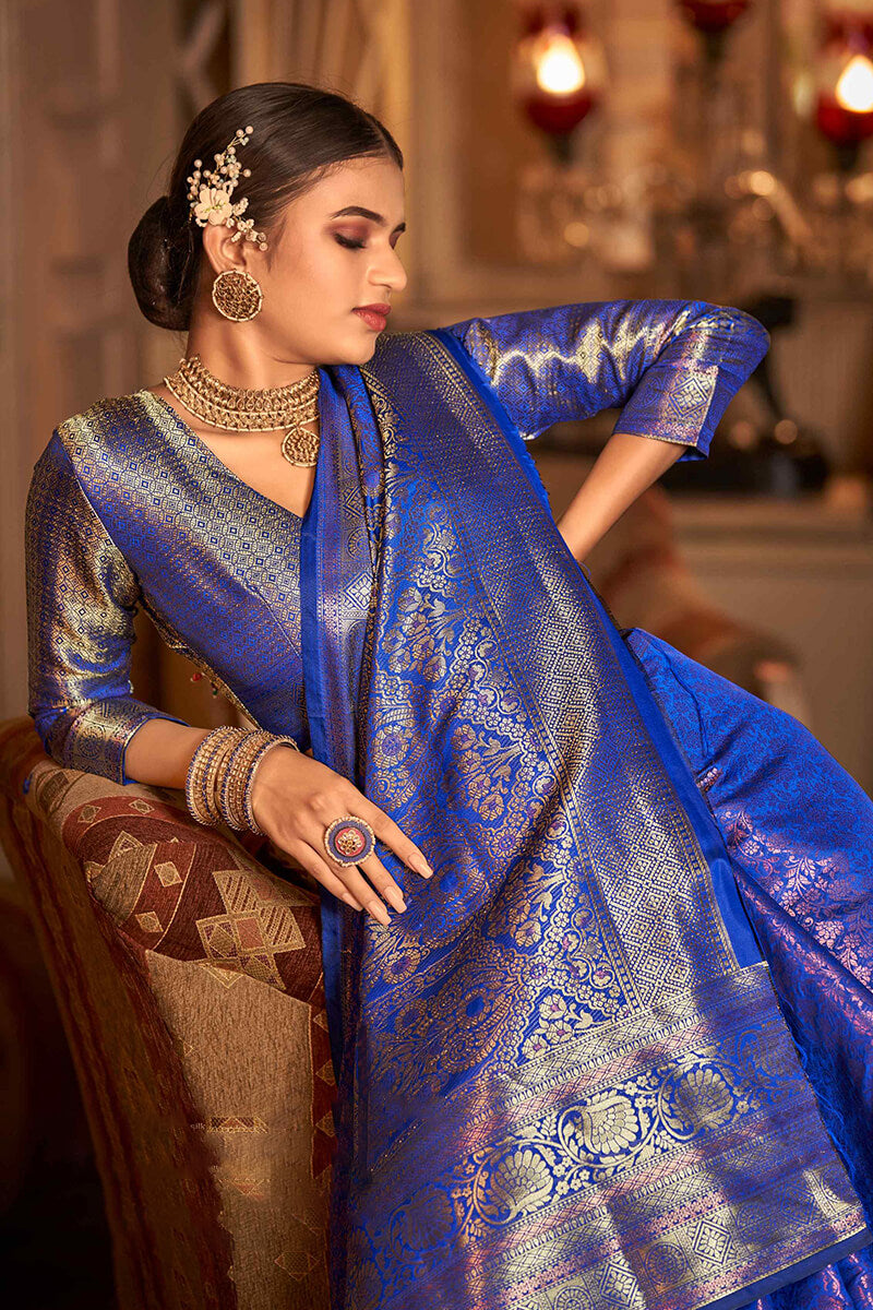 Unique Royal Blue Kanjivaram Silk Saree With Outstanding Blouse Piece