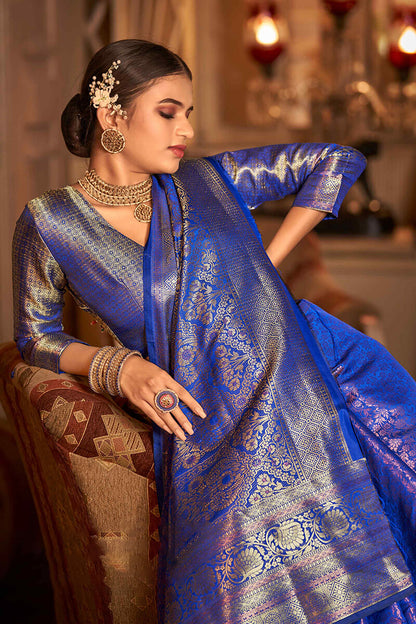 Unique Royal Blue Kanjivaram Silk Saree With Outstanding Blouse Piece