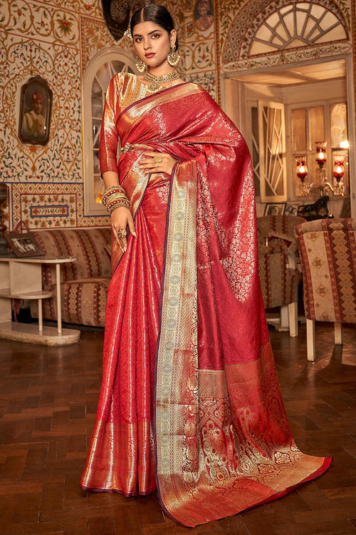 Load image into Gallery viewer, Designer Red Kanjivaram Silk Saree With Arresting Blouse Piece
