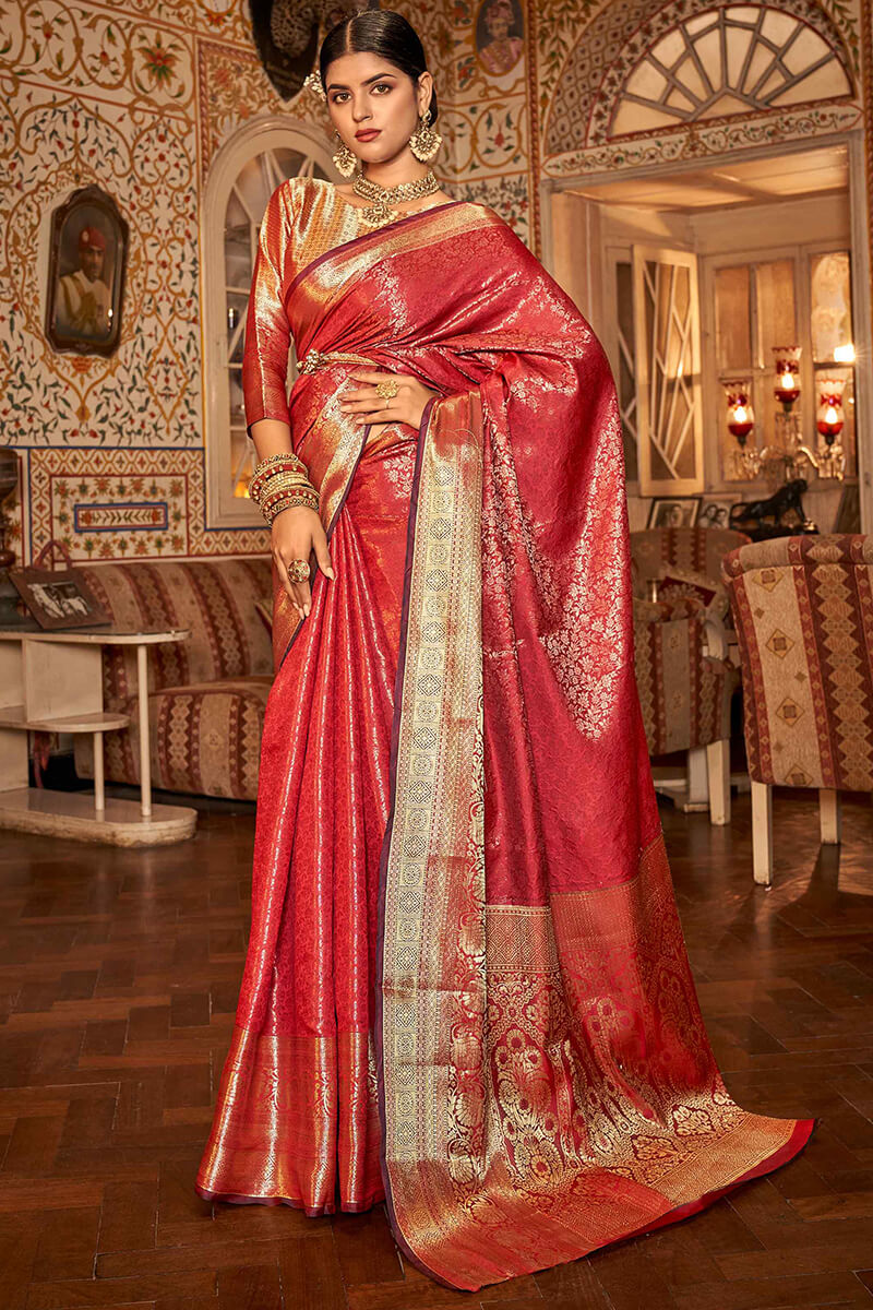 Designer Red Kanjivaram Silk Saree With Arresting Blouse Piece