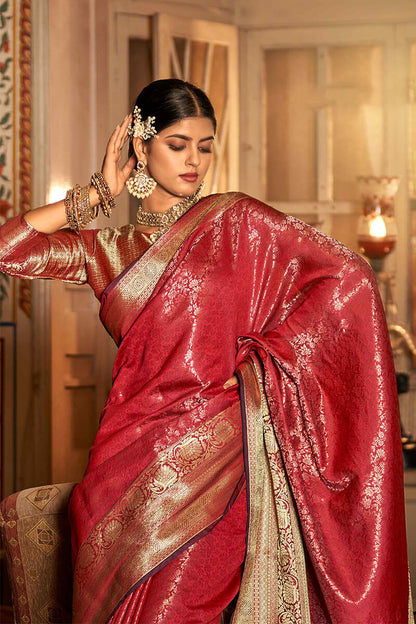 Designer Red Kanjivaram Silk Saree With Arresting Blouse Piece