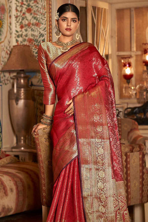 Load image into Gallery viewer, Designer Red Kanjivaram Silk Saree With Arresting Blouse Piece
