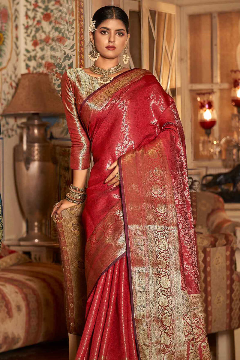 Designer Red Kanjivaram Silk Saree With Arresting Blouse Piece