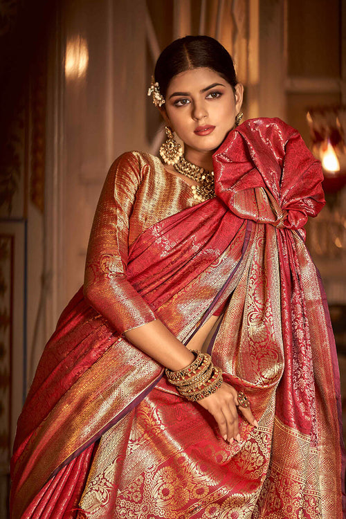 Load image into Gallery viewer, Designer Red Kanjivaram Silk Saree With Arresting Blouse Piece
