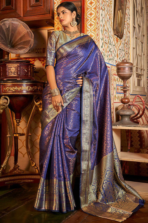 Load image into Gallery viewer, Opulent Blue Kanjivaram Silk Saree With Blissful Blouse Piece
