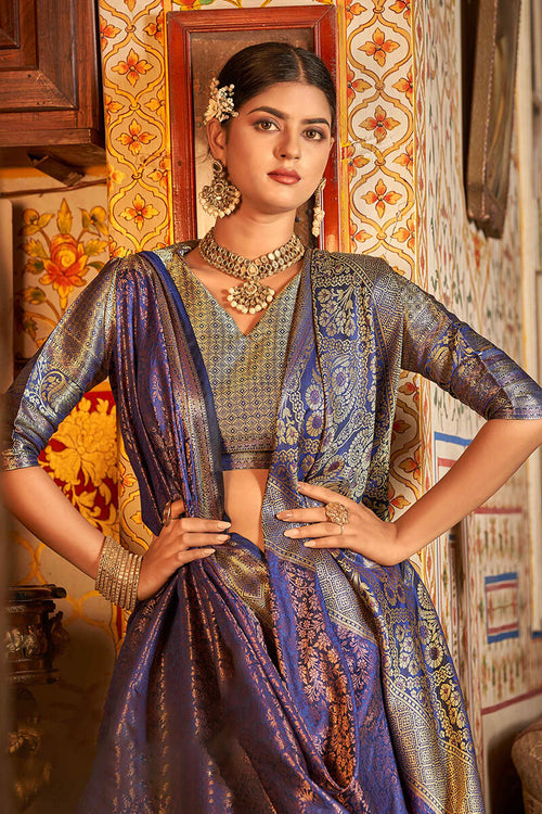 Load image into Gallery viewer, Opulent Blue Kanjivaram Silk Saree With Blissful Blouse Piece
