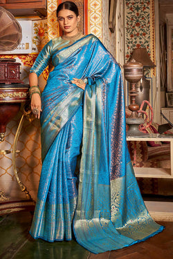 Entrancing Firozi Kanjivaram Silk Saree With Classic Blouse Piece