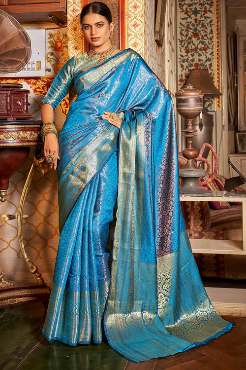 Load image into Gallery viewer, Entrancing Firozi Kanjivaram Silk Saree With Classic Blouse Piece
