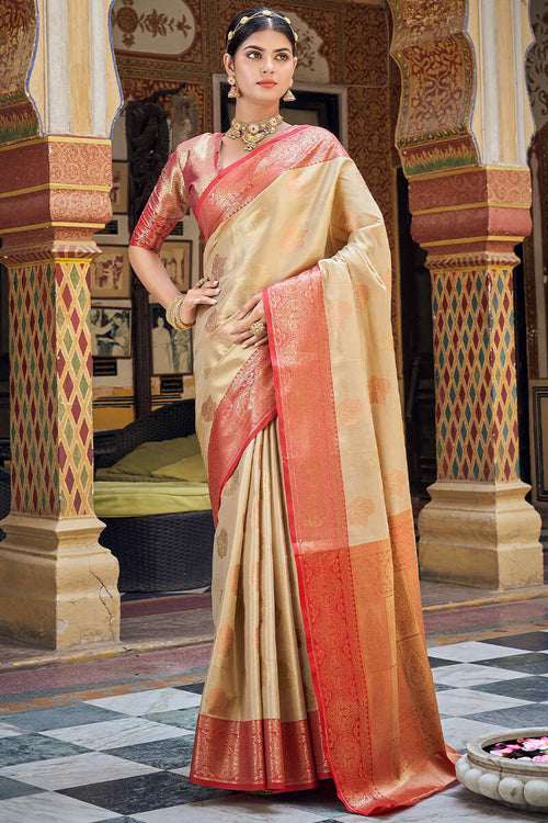 Load image into Gallery viewer, Lissome Beige Soft Banarasi Silk Saree With Petrichor Blouse Piece
