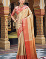 Lissome Beige Soft Banarasi Silk Saree With Petrichor Blouse Piece