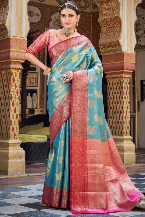 Load image into Gallery viewer, Vestigial Firozi Soft Banarasi Silk Saree With Incredible Blouse Piece
