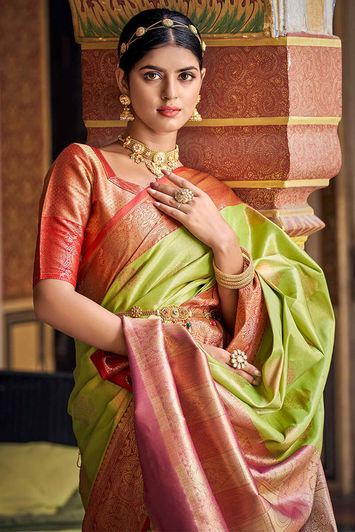 Golden Patti Contrast Jacquard Work Rich Look Soft Cotton Silk Saree Olive  Green And Pink Color