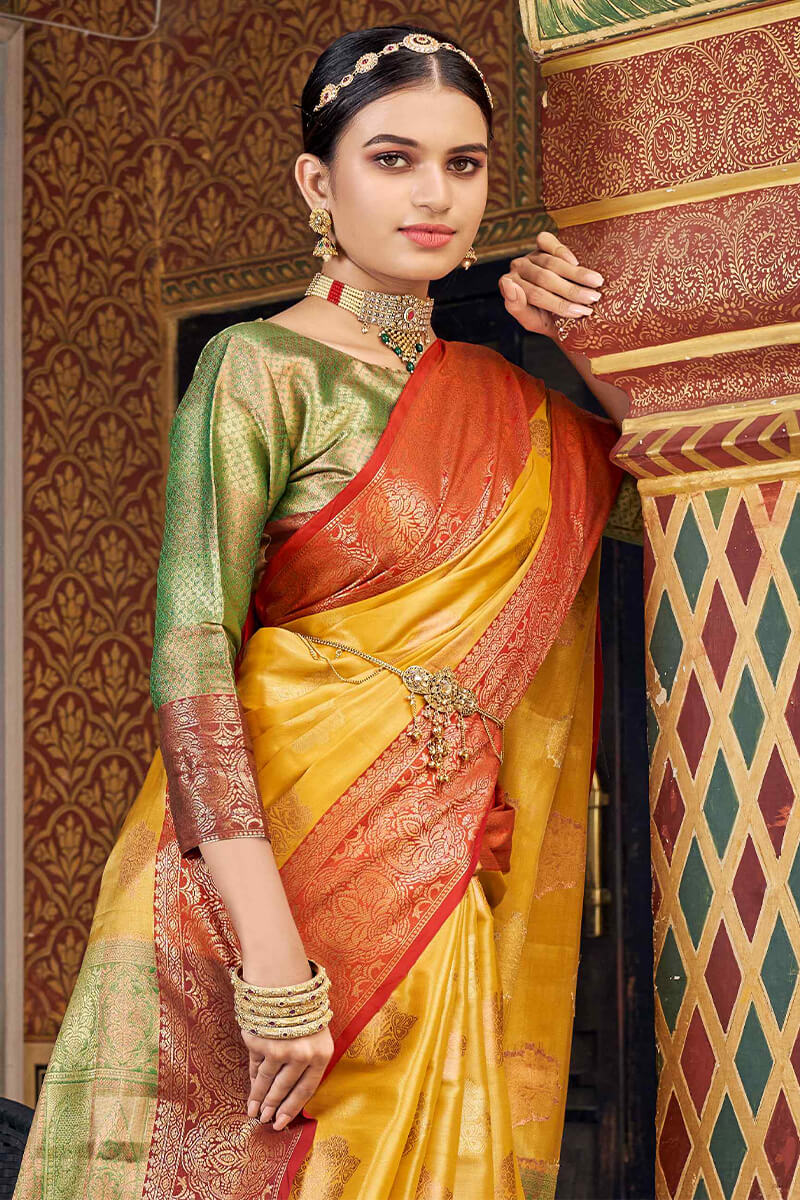 Imaginative Yellow Soft Banarasi Silk Saree With Improbable Blouse Piece