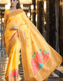 Pretty Yellow Cotton Silk Saree With Gleaming Blouse Piece