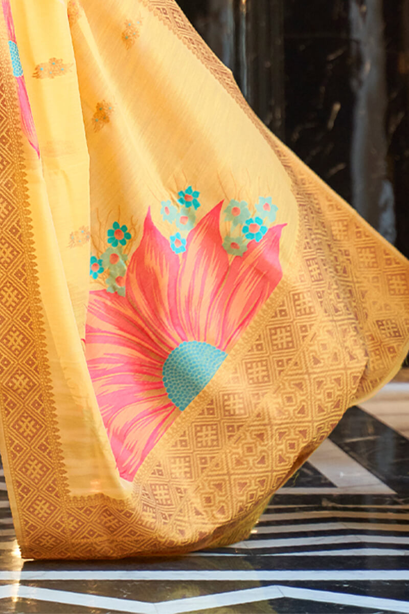 Pretty Yellow Cotton Silk Saree With Gleaming Blouse Piece