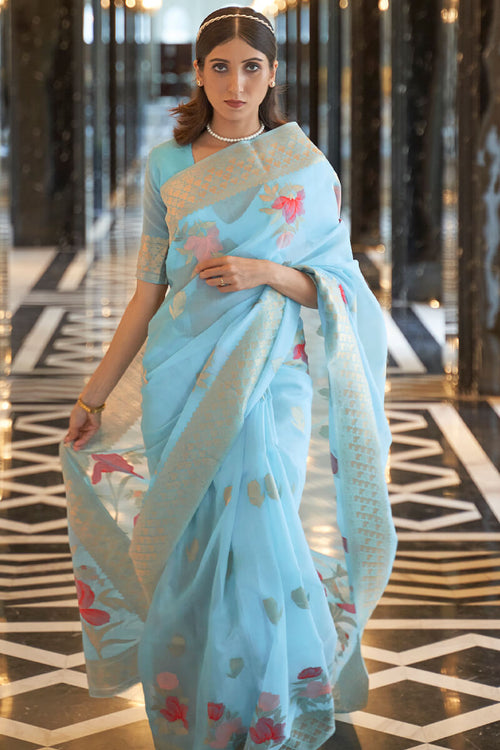 Load image into Gallery viewer, Sensational Sky Cotton Silk Saree With Gorgeous Blouse Piece
