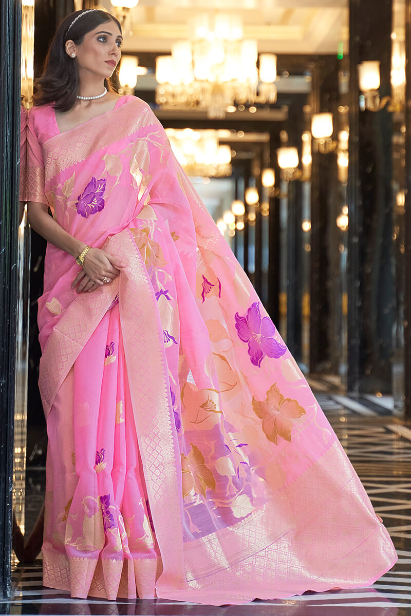 Staring Pink Cotton Silk Saree With Beautiful Blouse Piece