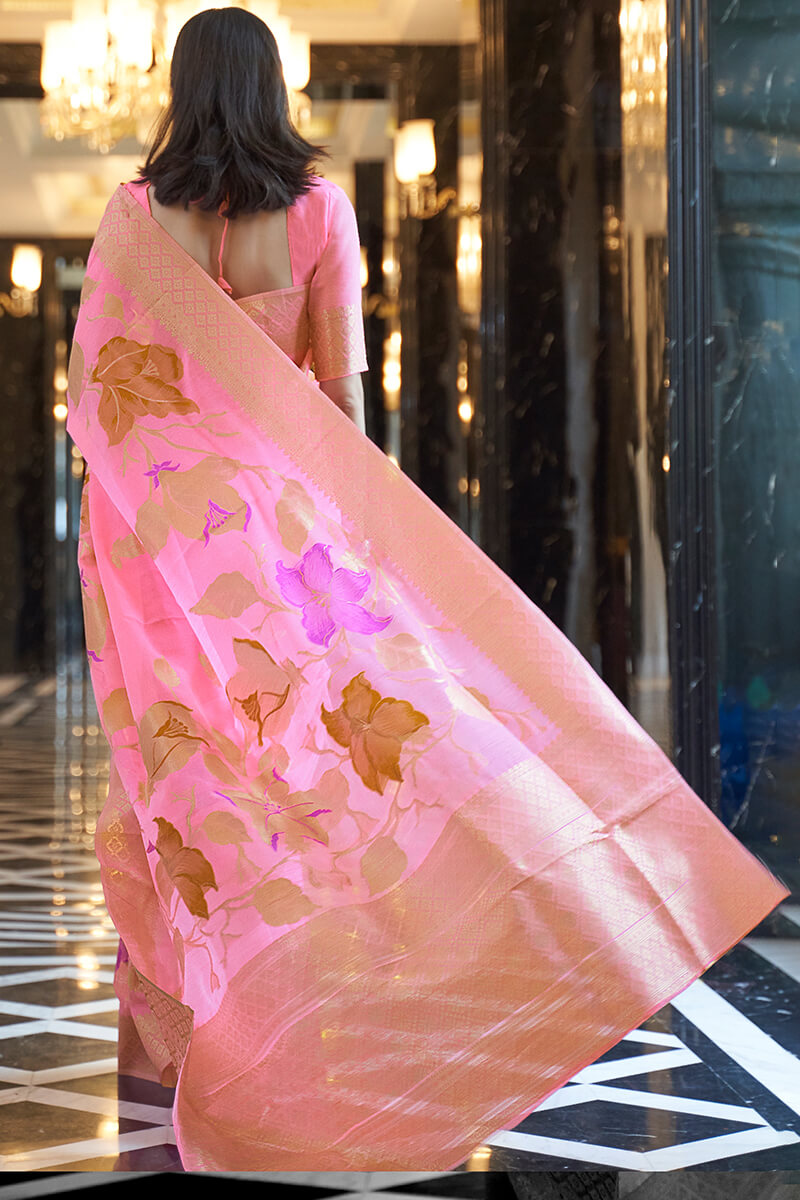 Staring Pink Cotton Silk Saree With Beautiful Blouse Piece