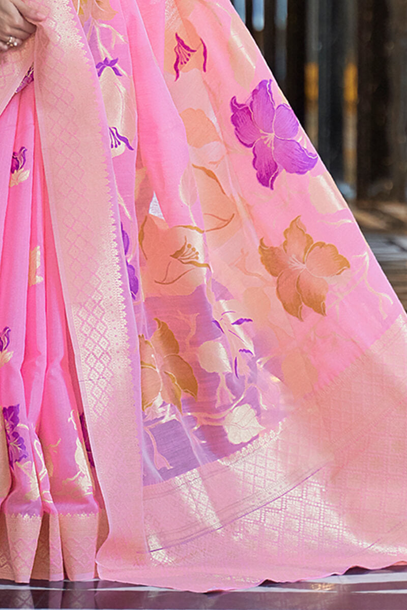 Staring Pink Cotton Silk Saree With Beautiful Blouse Piece