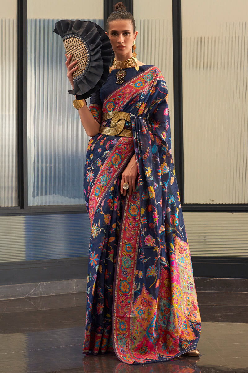 Trendy Navy Blue Cotton Silk Saree With Extraordinary Blouse Piece