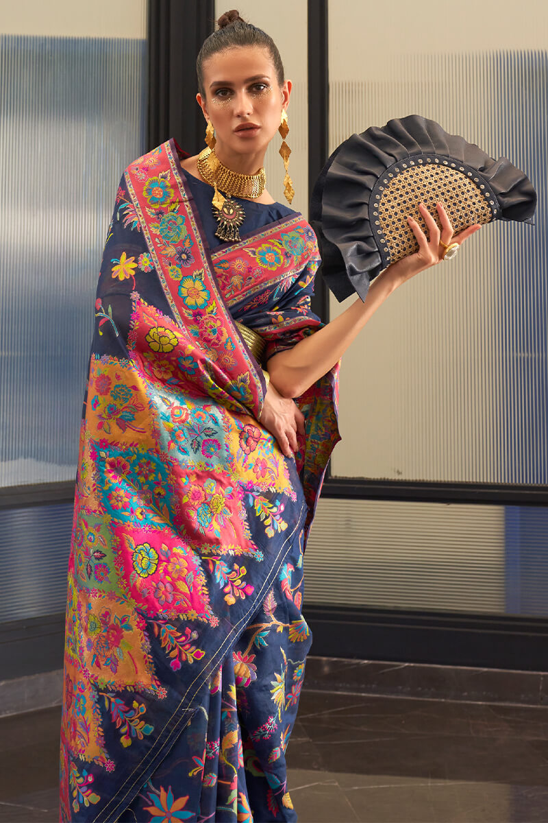 Trendy Navy Blue Cotton Silk Saree With Extraordinary Blouse Piece