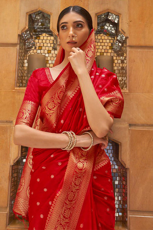 Load image into Gallery viewer, Mellifluous Red Kanjivaram Silk Saree With Panoply Blouse Piece
