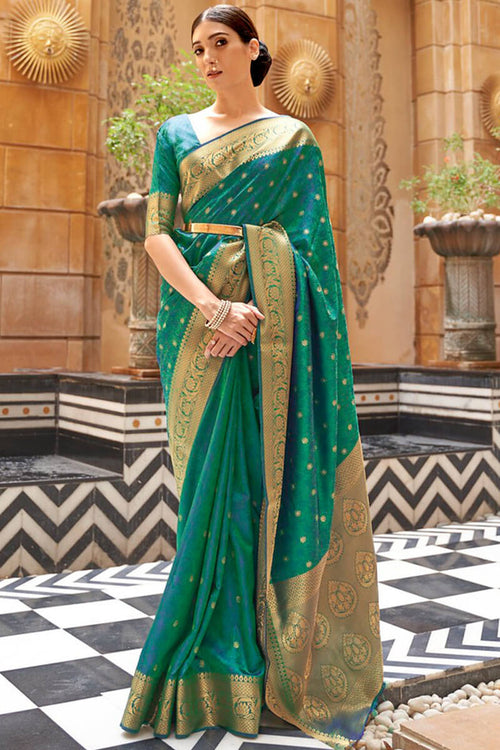 Load image into Gallery viewer, Redolent Rama Kanjivaram Silk Saree With Susurrous Blouse Piece
