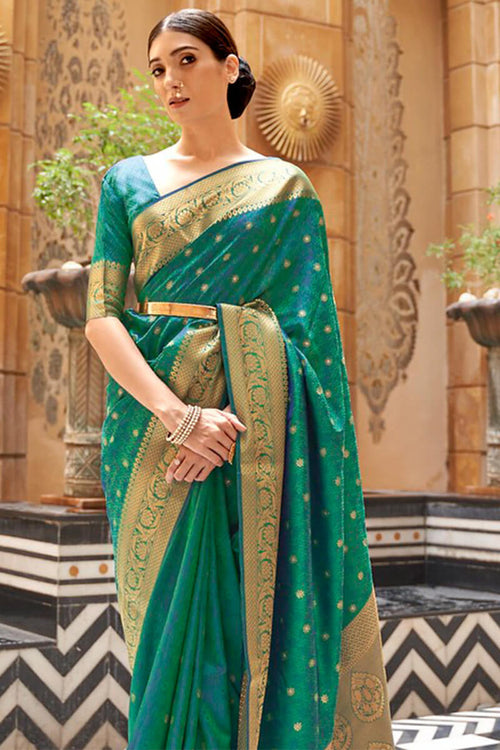 Load image into Gallery viewer, Redolent Rama Kanjivaram Silk Saree With Susurrous Blouse Piece
