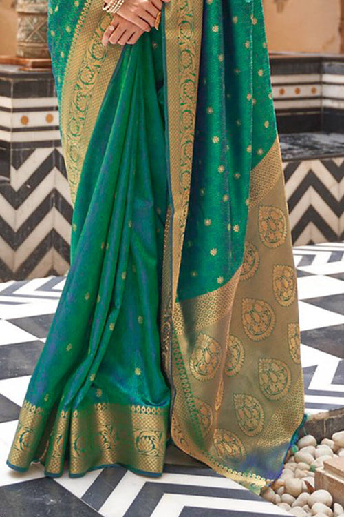 Load image into Gallery viewer, Redolent Rama Kanjivaram Silk Saree With Susurrous Blouse Piece
