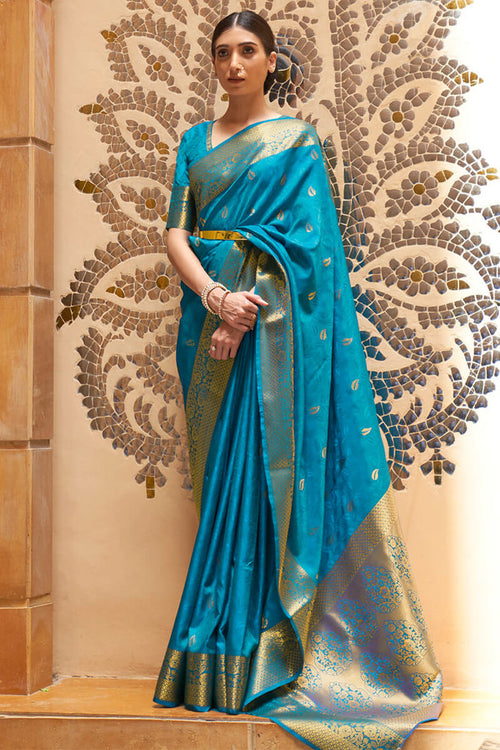 Load image into Gallery viewer, Exuberant Firozi Kanjivaram Silk Saree With Artistic Blouse Piece
