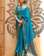 Exuberant Firozi Kanjivaram Silk Saree With Artistic Blouse Piece