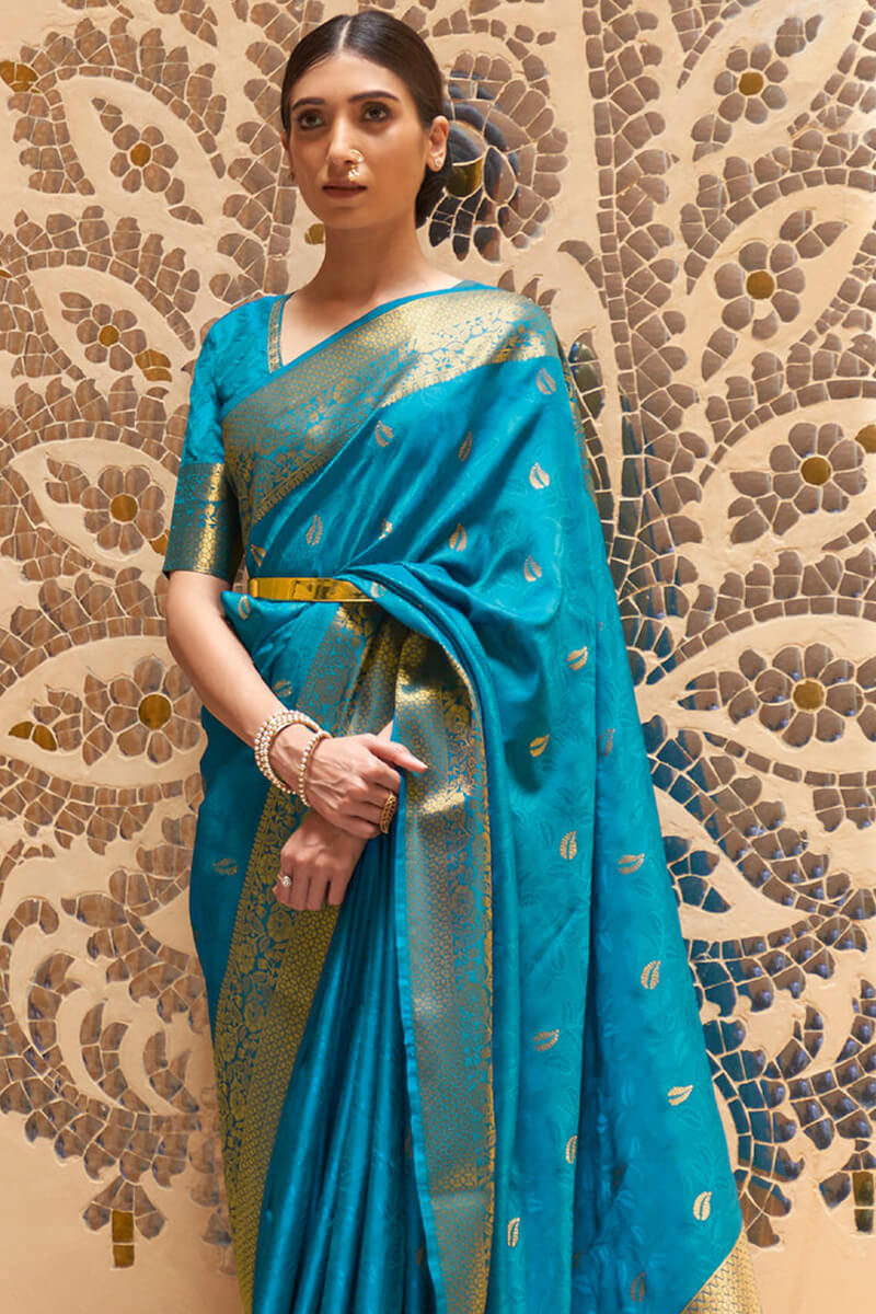 Exuberant Firozi Kanjivaram Silk Saree With Artistic Blouse Piece ...