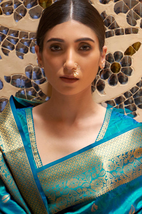 Load image into Gallery viewer, Exuberant Firozi Kanjivaram Silk Saree With Artistic Blouse Piece
