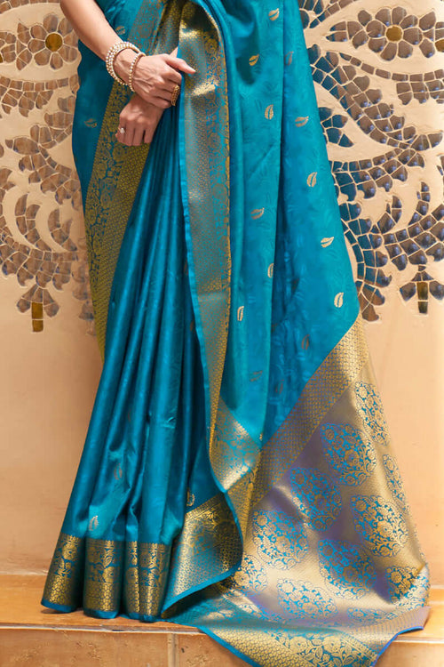 Load image into Gallery viewer, Exuberant Firozi Kanjivaram Silk Saree With Artistic Blouse Piece
