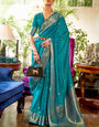 Engaging Firozi Kanjivaram Silk Saree With Woebegone Blouse Piece