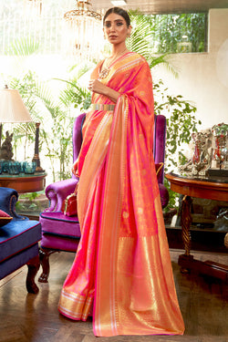 Nemesis Peach Kanjivaram Silk Saree With Imbrication Blouse Piece
