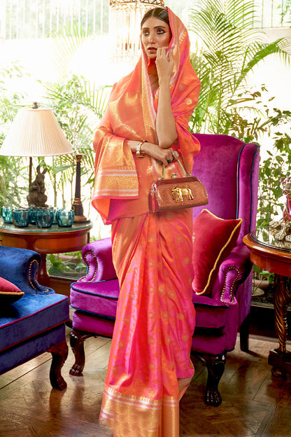 Nemesis Peach Kanjivaram Silk Saree With Imbrication Blouse Piece