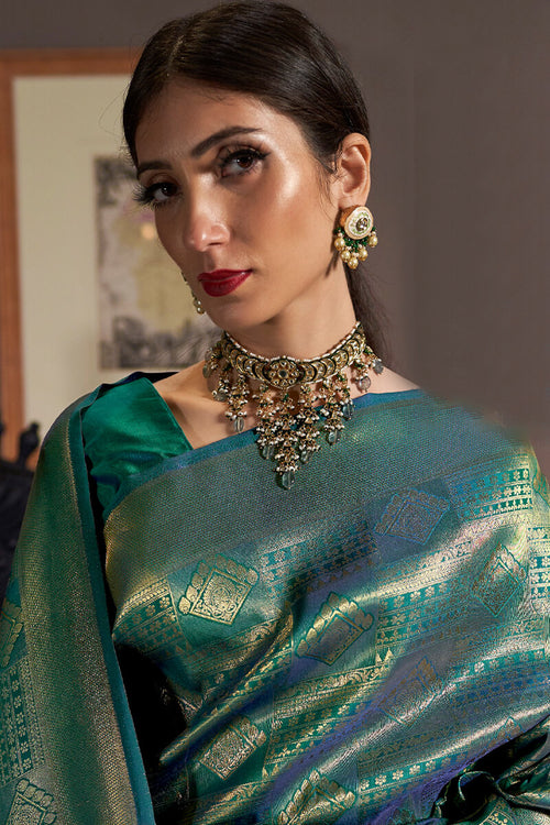 Load image into Gallery viewer, Innovative Rama Kanjivaram Silk Saree With Adorning Blouse Piece
