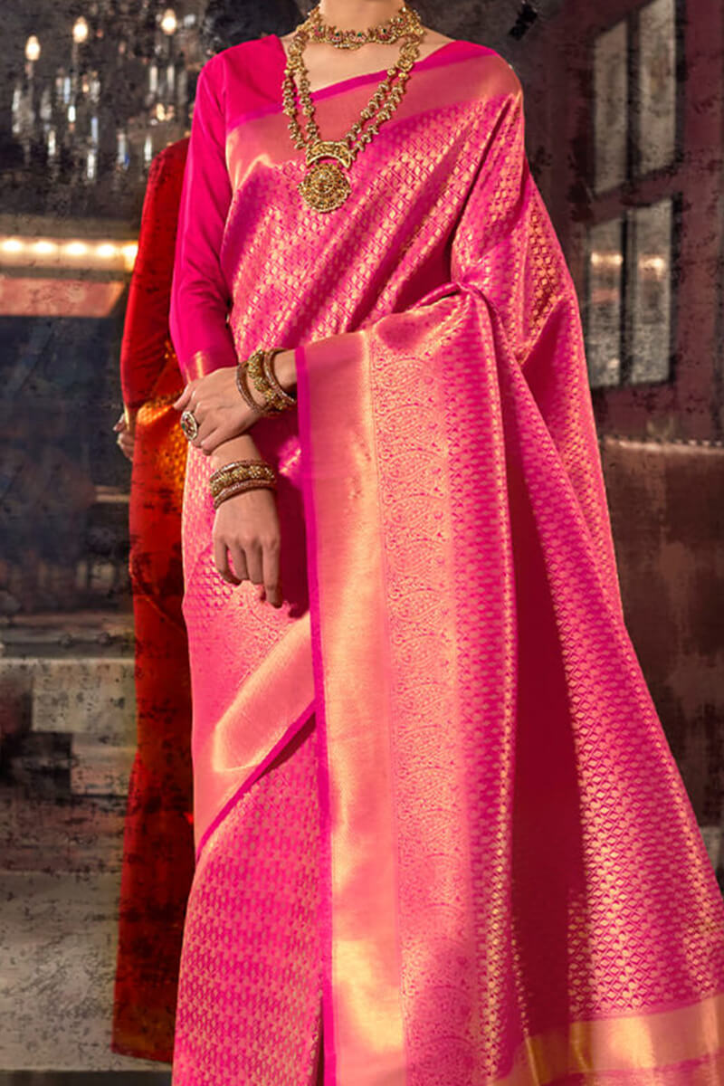 Flattering Pink Kanjivaram Silk Saree With Staring Blouse Piece