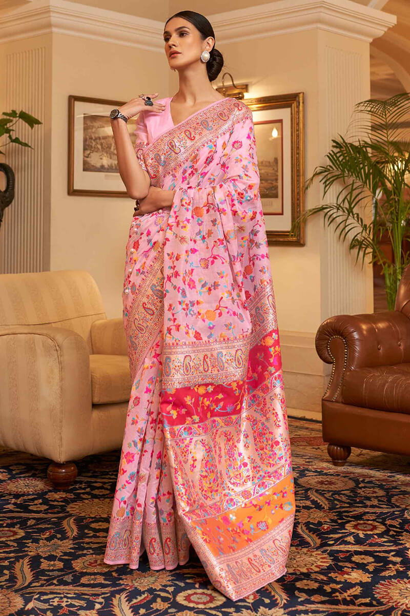 Exuberant Pink Pashmina saree With Ratatouille Blouse Piece