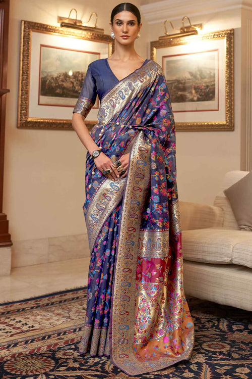 Load image into Gallery viewer, Exuberant Navy Blue Pashmina saree With Ratatouille Blouse Piece
