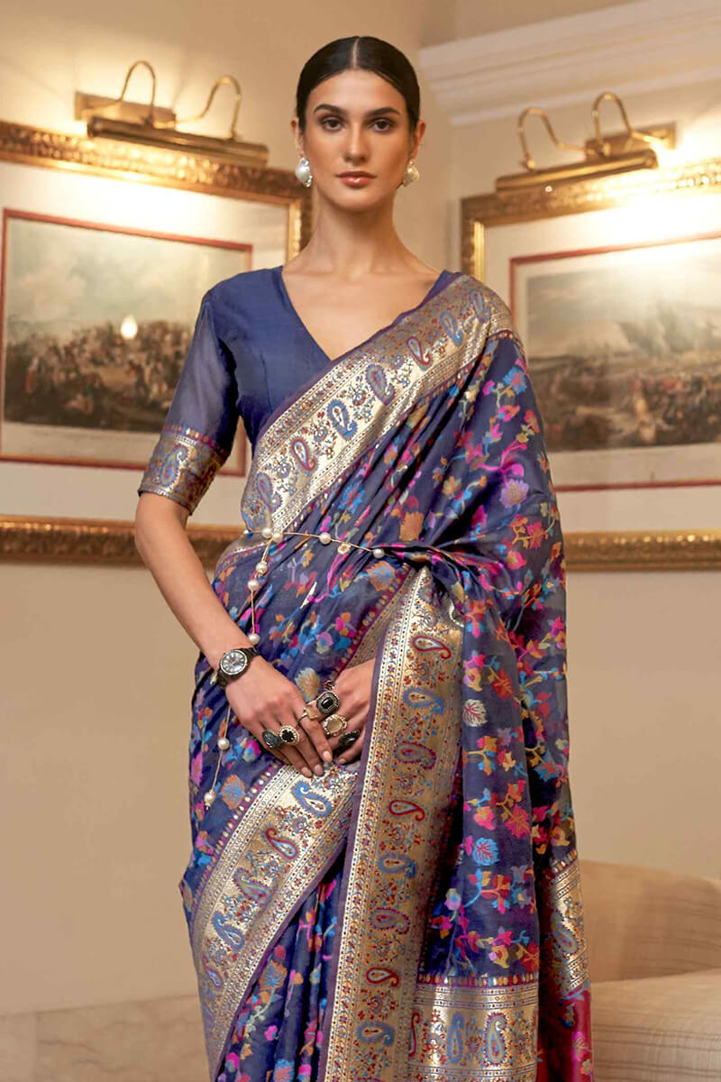 Exuberant Navy Blue Pashmina saree With Ratatouille Blouse Piece