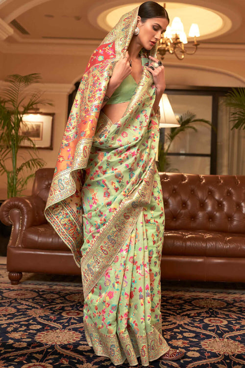 Load image into Gallery viewer, Exuberant Pista Pashmina saree With Ratatouille Blouse Piece
