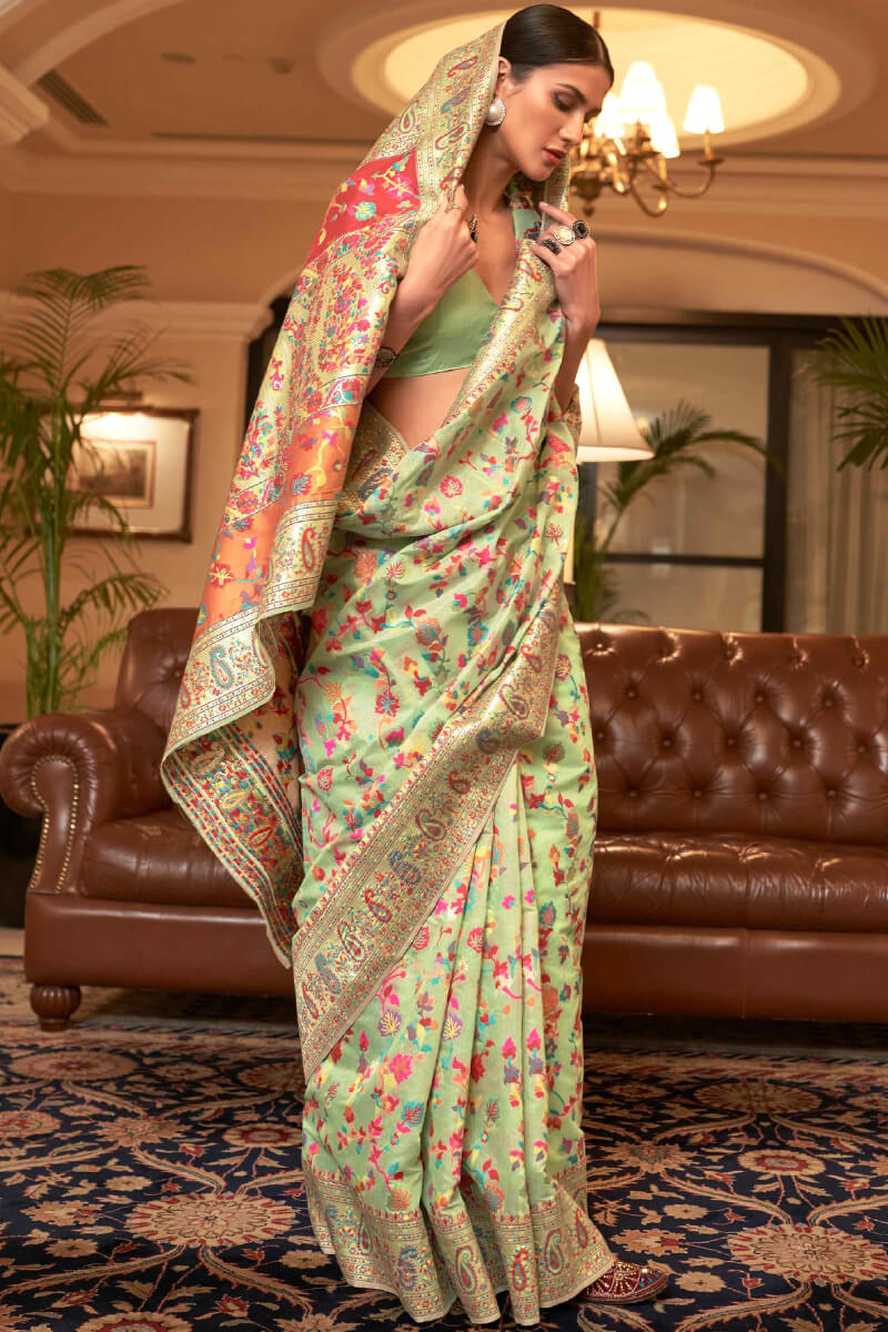 Exuberant Pista Pashmina saree With Ratatouille Blouse Piece