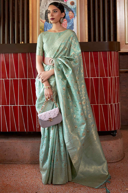 Wonderful Sea Green Soft Banarasi Silk Saree With Outstanding Blouse Piece